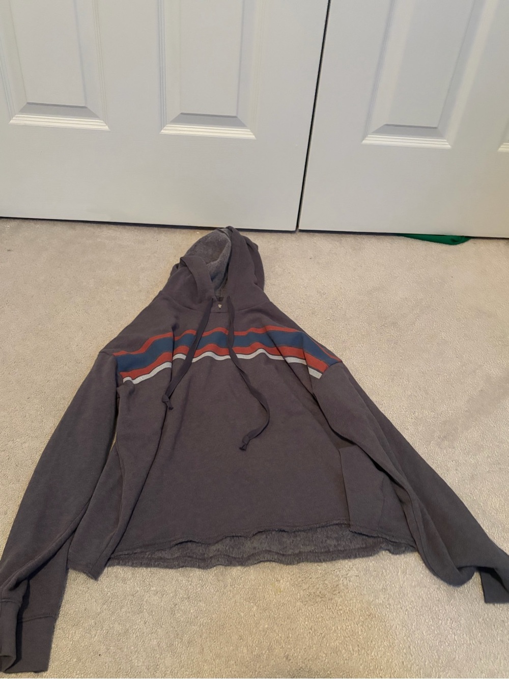 American Eagle Outfitters Gray Hooded Zip-Up Sweater with Red and Blue Stripes